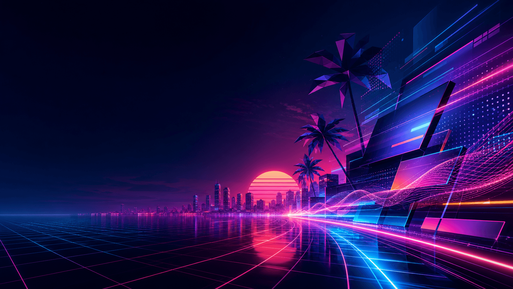 Neon vaporwave technology skyline background